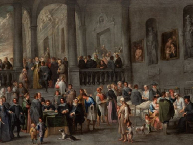 Visit the sick. A view of old Pammatone Hospital by Cornelis de Wael (circa 1640)